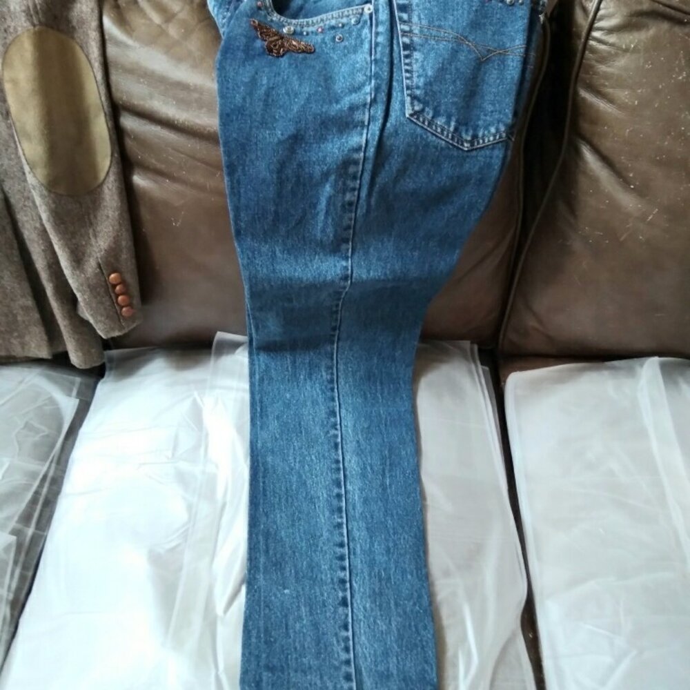 denim decorated blue jeans from a boutique.